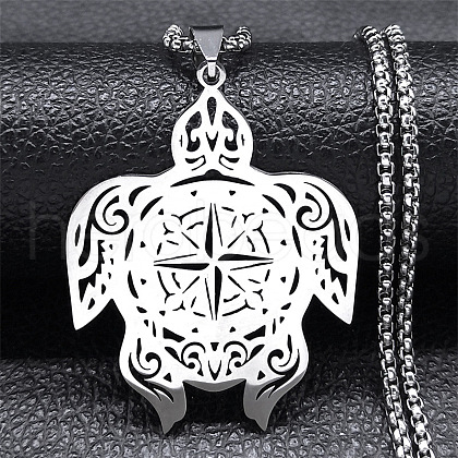 304 Stainless Steel Hollow Cut Compass Turtle Pendant Necklaces NJEW-H065-04P-1