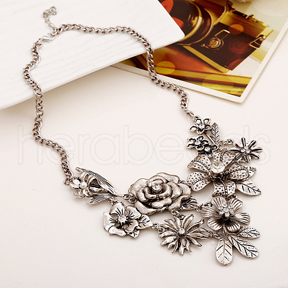 Retro Alloy Crystal Rhinestone Flower Pendant Bib Necklaces for Women FS-WGB73F9-01-1