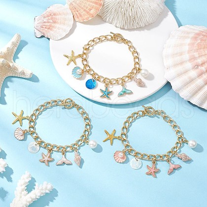 3Pcs 3 Colors Ocean Theme Aluminium Twisted Curb Chain Bracelets for Women BJEW-JB11650-1