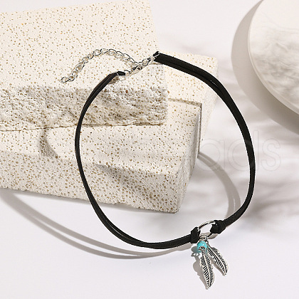 Bohemian Style Alloy Feather Charm & Synthetic Turquoise Pendant Choker Necklaces FS-WGABF31-02-1