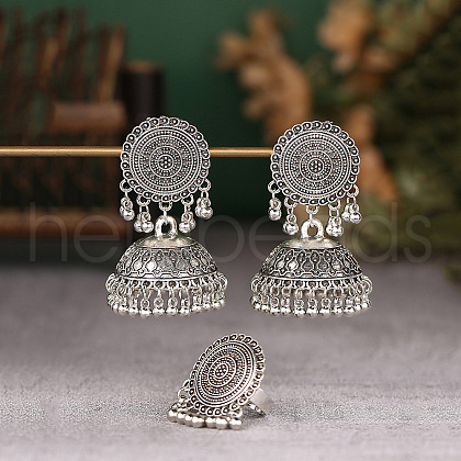 Flat Round & Bell Bohemian Ethnic Style Alloy Stud Dangle Earring & Ring Sets FS-WG67497-01-1