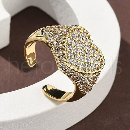 Heart Brass Micro Pave Cubic Zirconia Cuff Rings for Women RJEW-A069-11G-01-1