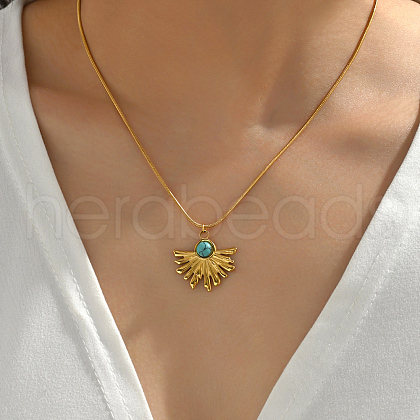 Stainless Steel Pave Synthetic Turquoise Fan Pendant Necklaces Women's Date Night Gift KL8796-1