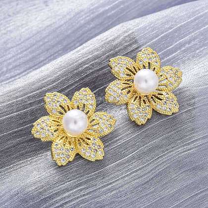 Flower Brass Micro Pave Clear Cubic Zirconia Stud Earrings EJEW-H158-04G-1