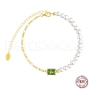 Natural Freshwater Pearls Beaded Bracelets with Cubic Zirconia Rectangle Link BJEW-I314-137-2