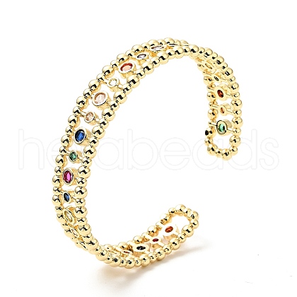 Colorful Cubic Zirconia Flat Round Open Cuff Bangle BJEW-J165-03G-1