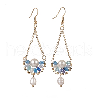 Natural Pearl & Glass Teardrop with Flower Dangle Earrings EJEW-TA00222-01-1