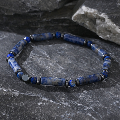 Bohemian Style Column Shaped Natural Lapis Lazuli Beads Stretch Bracelets for Men PW0596-1