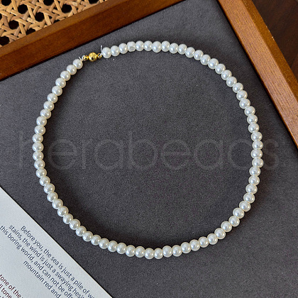 Plastic White Round Imitation Pearl Beaded Necklaces with Magnetic Clasps for Women QS1650-2-1