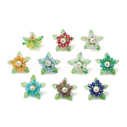 Glass with Round Shell Pearl & Acrylic Charms & Brass Seed Beads Pendants PALLOY-MZ00646-1