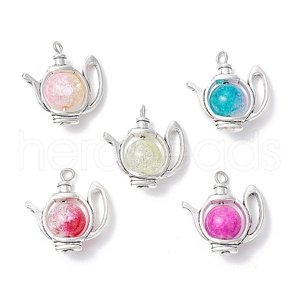 Teapot Baking Painted Crackle Glass Pendants PALLOY-JF03780-1