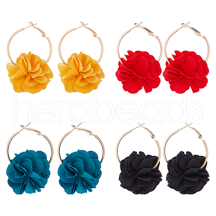 ANATTASOUL 4 Pairs 4 Colors 3D Flower Cloth Hoop Earrings EJEW-AN0003-69-1