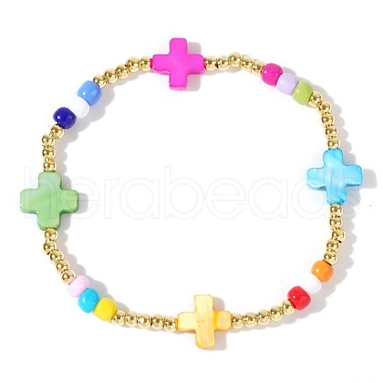 Beach Vacation Style Cross Shell Pearl & Brass Stretch Beaded Bracelets for Women II7878-2-1