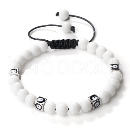 Trendy Ethnic Style Cube Evil Eye & Round Natural White Jade Beaded Stretch Bracelets PJ2289-3-1
