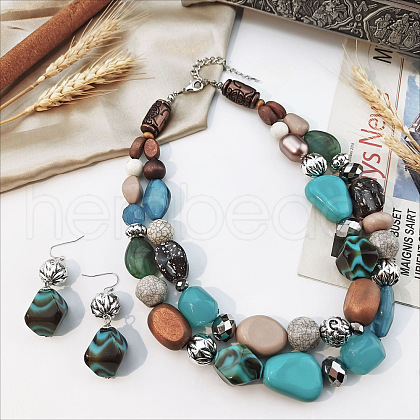 Wood Beaded Double Layer Necklaces & Dangle Earrings Sets FS-WGB5610-17-1