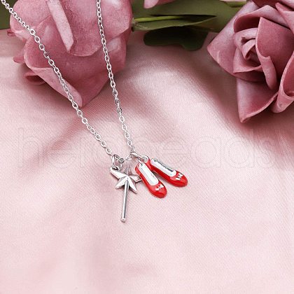 Star Magic Stick & Dance Shoes Alloy Red Enamel Pendant Necklaces for Women FS-WG7E8F0-01-1