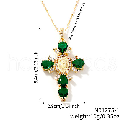 Brass Pave Cubic Zirconia Virgin Mary Cross Pendant Necklaces FU1040-1-1