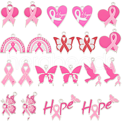 SUNNYCLUE 40Pcs 10 Styles Breast Cancer Pink Awareness Ribbon Theme Alloy Enamel Pendants ENAM-SC0005-02-1