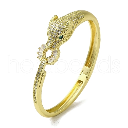 Brass Pave Clear & Green Cubic Zirconia Leopard Hinged Bangle for Women BJEW-K246-21G-G-1