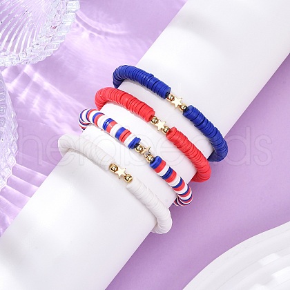 4Pcs 4 Colors Independence Day Handmade Polymer Clay Heishi Beaded Stretch Bracelets BJEW-TA00642-1