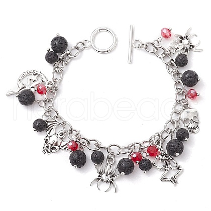 Halloween Natural Lava Rock and Glass Cable Chains Charm Bracelets BJEW-TA00476-1