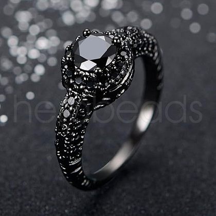 Flat Round Brass Jet Rhinestone Finger Rings FS-WG232E0-02-1