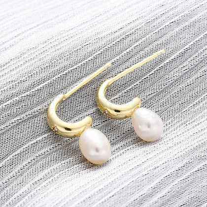 Teardrop Brass Natural Pearl Dangle Stud Earrings EJEW-Q043-02G-1