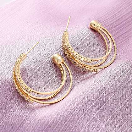 Triple C-Shaped Brass Micro Pave Clear Cubic Zirconia Stud Earrings EJEW-R025-29G-1