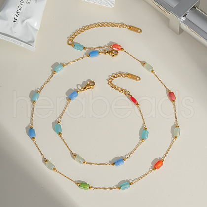 Stainless Steel Glass Rectangle Link Chain Bracelets & Necklaces Sets for Women HD8734-1-1