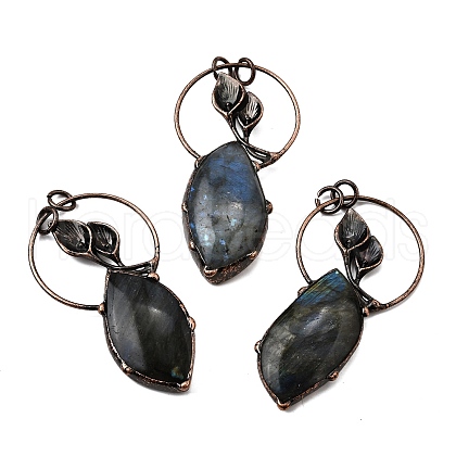 Brass Pave Natural Labradorite Feather Ring with Leaf Big Pendants G-Q350-04A-1