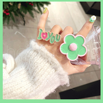 2Pcs Flower & Word I Love You Resin Enamel Finger Rings for Women Girls FS-WG6DDE5-02-1