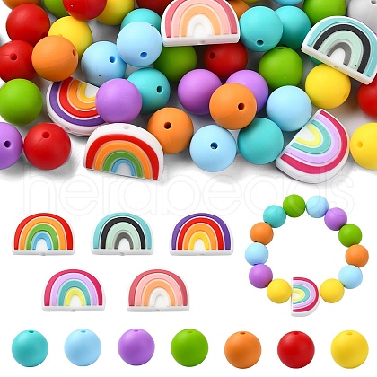 75Pcs Round/Rainbow Silicone Focal Beads SIL-YW0001-38-1