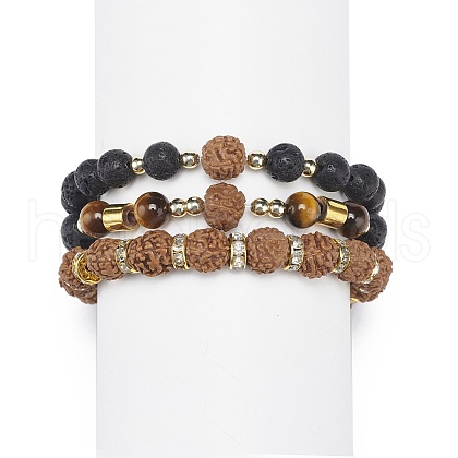 3Pcs 3 Style Natural Rudraksha & Tiger Eye & Lava Rock Beaded Stretch Bracelets Set BJEW-JB09024-1