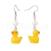 Gold Resin Duck with Natural Pearl Beaded Dangle Earrings EJEW-TA00147-2