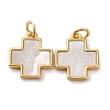 Brass Pave Natural White Shell Cross Pendants KK-P308-01G-1