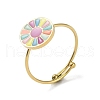 Ion Plating(IP) Flat Round with Flower 304 Stainless Steel Enamel Ring RJEW-A038-07G-1