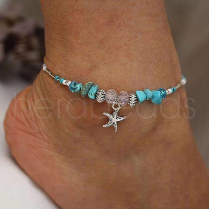 Synthetic Turquoise Chip & Glass & Iron & Zinc Alloy Starfish Charm Anklets FS-WG7ED01-01-1
