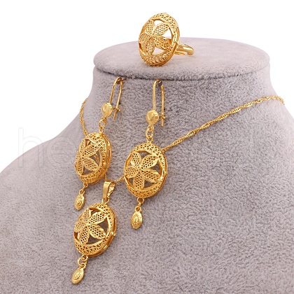Oval with Flower Pattern Brass Pendant Necklaces & Hoop Earrings & Rings Sets FS-WGD44EB-01-1