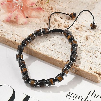 Adjustable Natural Tiger Eye and Non-magnetic Synthetic Hematite Braided Bead Bracelets BJEW-Z090-01K-1