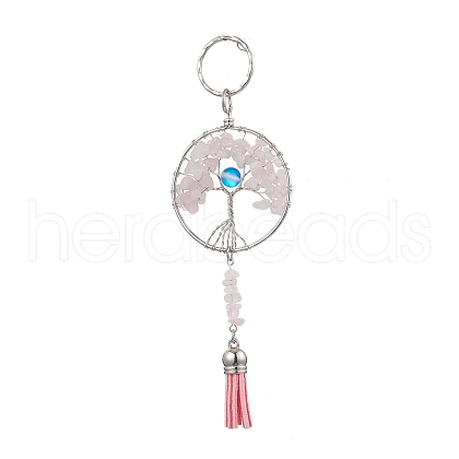 Tree of Life Alloy Natural Rose Quartz & Synthetic Moonstone Keychain KEYC-JKC00987-01-1