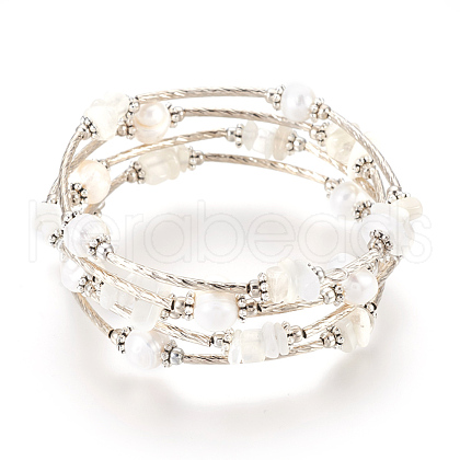 Pearl and Natural White Moonstone Chips Wrap Bracelets BJEW-JB03922-01-1