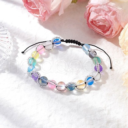 Synthetic Moonstone Round Beads Bracelets BJEW-TA00636-1