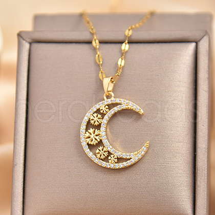 Moon Snowflake Brass Micro Pave Clear Cubic Zirconia Pendant Necklaces FS-WG13E36-01-1