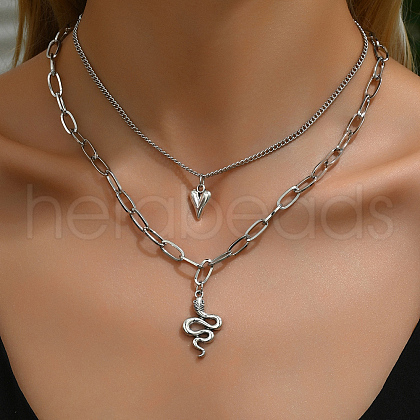 Gothic Style Zinc Alloy Snake Heart Pendant Double Layer Necklace Unisex Party Jewelry UY0125-1
