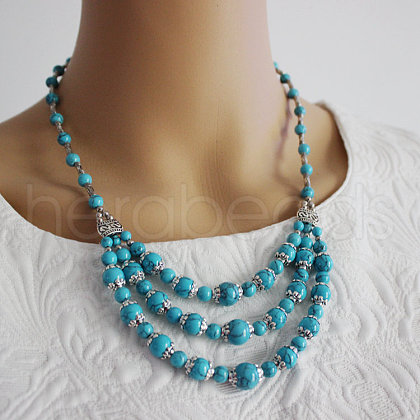 Ethnic Style Alloy & Dyed Synthetic Turquoise Round Beaded 3 Layer Bib Necklaces FS-WGD33AA-02-1