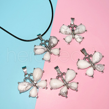 Butterfly Alloy Pave Natural Howlite Pendant Imitation Leather Cord Necklaces FS-WG1163A-04-1