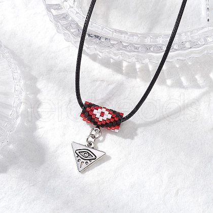 Glass Seed Beaded & Alloy Triangle Evil Eye Pendant Necklaces NJEW-MZ00110-02-1
