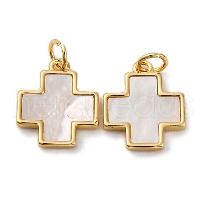 Brass Pave Natural White Shell Cross Pendants KK-P308-01G-1