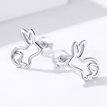 Anti-Tarnish Rhodium Plated 925 Sterling Silver Bunny Stud Earrings EJEW-FF0009-08P-1