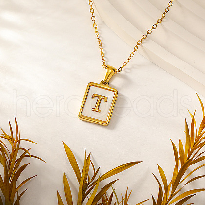 Rectangle Stainless Steel Pave Natural White Shell Initial Pendant Necklaces for Women FS-WGB5EDA-20-1